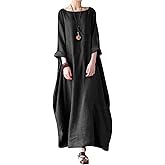 Jacansi Women's Cotton Linen Dress with Pocket Oversized Loose Dress Kaftan Dress