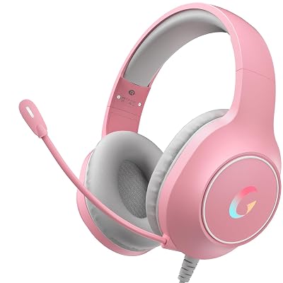 syndesmos CM7002 Gaming Headset for PS5, PS4, PC, Mac, Switch, Xbox Series, Surround Sound RGB Gaming Headphones with Noise Canceling Microphone, 50MM Dynamic Drivers, 3.5MM Audio Jack, Light Pink