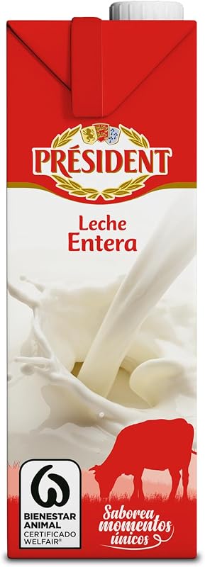- Leche Président Entera, Leche Natural de Galicia, Fuente de Calcio y Proteínas,Sin Gluten, Bienestar Animal, Pack 6 x 1 L