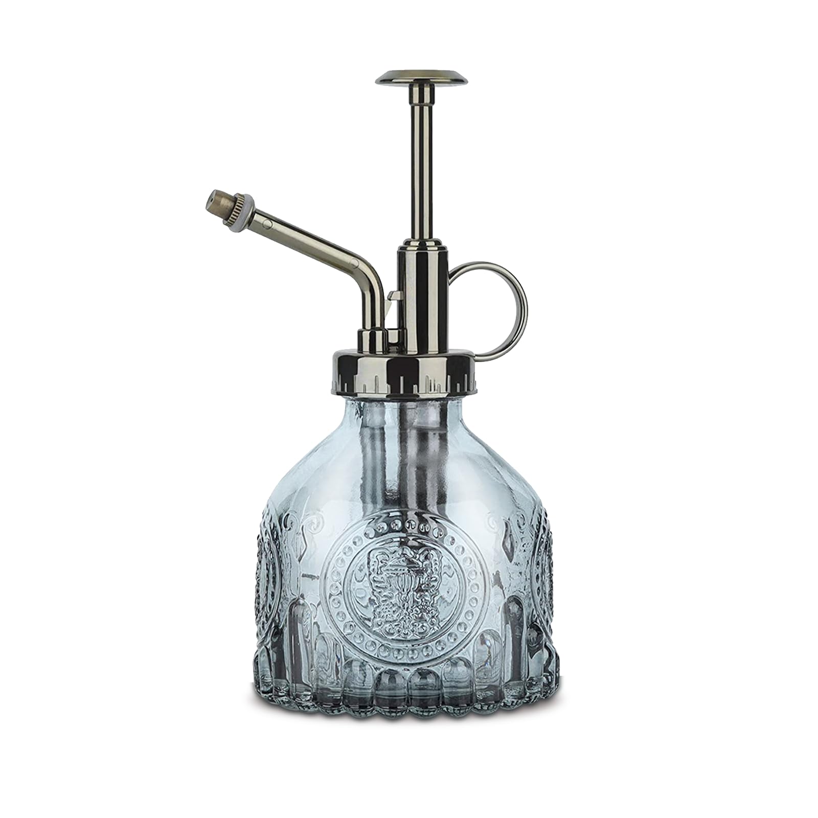 KoGiio Pflanzen Glas Sprühflasche, 200ml Retro Relief Pflanzensprüher mit Pumpe, Fortschrittlich Blumen Zerstäuber Drucksprüher für Balkon Kleiner Gartenpflanzen Indoor Haus Oder Büro-Grau