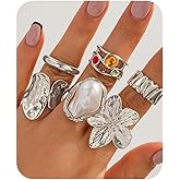 Bravace 6PCS Stacking Rings Set for Women Open Adjustable Gold Chunky Joint Knuckle Rings Vintage Thick Ring Flower Baroque Pearl Punk Statement Jewelry Gift