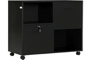 Vinsetto Lateral Filing Cabinet with Drawers and Lock, File Cabinet, Mobile Printer Stand with Open Shelves and Wheels for Le