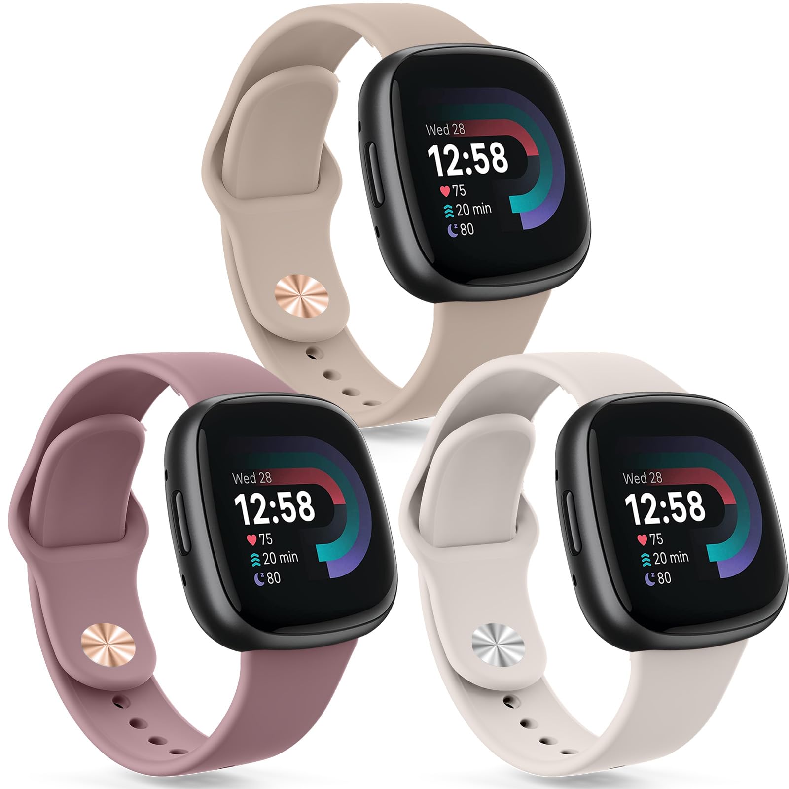 Vancle 3 PACK Straps for Fitbit Versa 4/Versa 3/Sense 2/Sense, New Buckle Soft Silicone Adjustable Replacement Watch Strap, Small/Large, Smoke Purple+Cream+Starlight