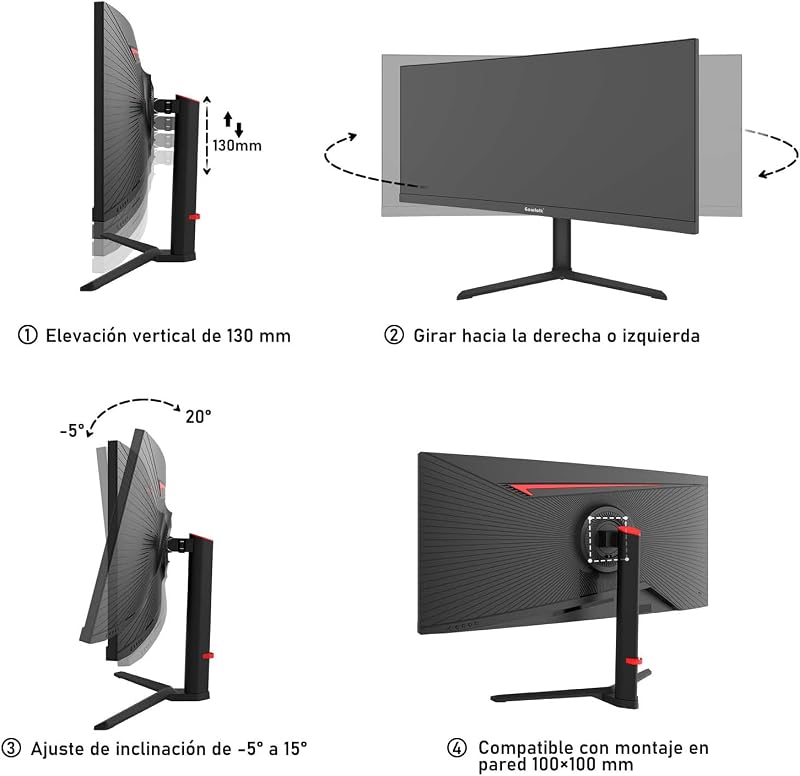 Monitor de gaming ultrawide curvo de 34 polegadas, 165 Hz, 3800R 21:9 UWQHD (3440×1440) Ecrã, 120% sRGB, 1 ms, Adaptive Sync, DisplayPort, HDMI, Suporte Ajustável em Altura - Preto