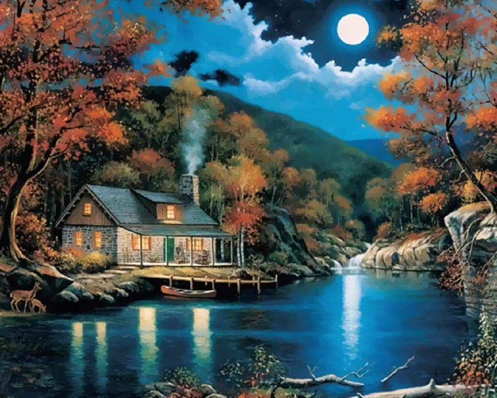 YEESAM ART Paint by Numbers for Adults Beginner, Moon Cabin Stream 16x20 Inch Linen Canvas Acrylic DIY Number Painting Kits for Home Wall Decor (Moon, Framed)