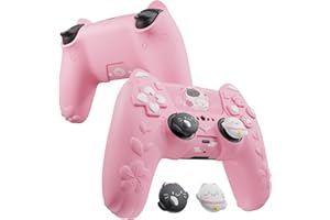 PlayVital for PS5 Controller Cover Skin - Cherry Blossoms Kitten Anti-Slip Grip Skin with Thumb Grip & Sticker - Soft Rubber 