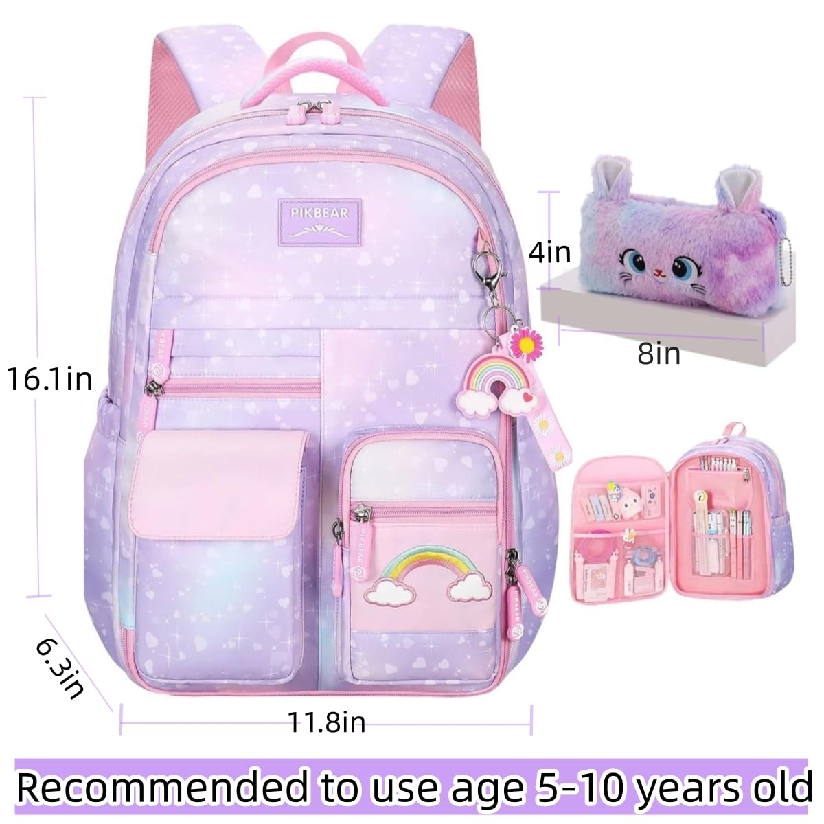 Girls Backpack, School Backpacks Rainbow,Kawaii Kids Backpack,Book Bag for Elementary Primary School With Pen Bag