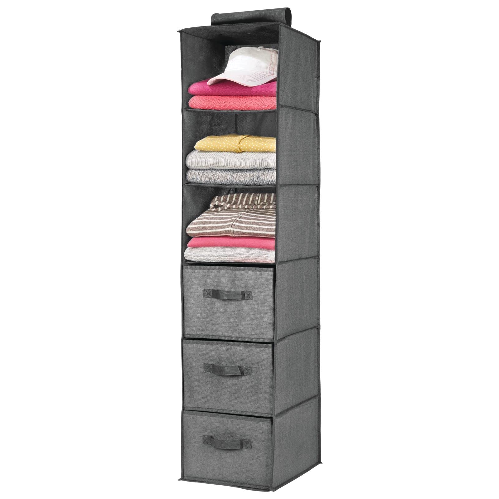 mDesign Hanging Wardrobe Organiser – Fabric Wardrobe Storage Units with 3 Shelves and 3 Drawers – Ideal Hanging Cupboard Organiser – Charcoal Grey