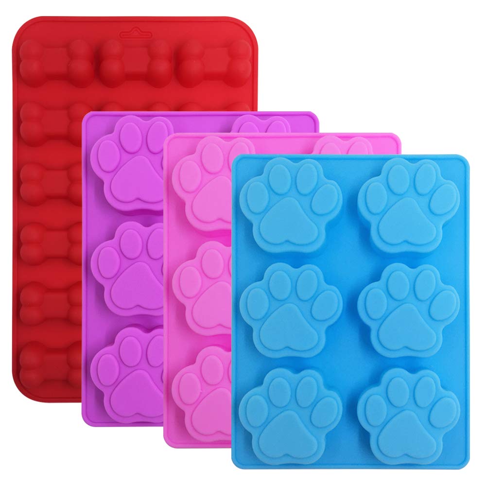 4 Pcs Silicone Candy Chocolate Molds, FineGood Puppy Dog Paw & Bone Shaped Ice Cube Trays Cookies Baking Pans for Making Frozen Dog Treats Soap Bars - Red, Blue, Purple, Pink
