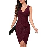 IHOT 2026 Women's Sexy V Neck Sleeveless Faux Wrap Ruched Sheath Bodycon Cocktail Party Work Dress