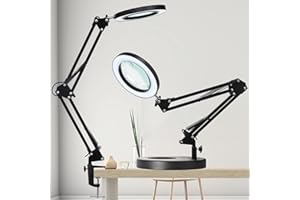 KUVRS 10X Magnifying Glass with Light and Stand, 9.06 Inch Heavy Base Magnifying Lamp, 3 Color Stepless Dimming, Real Glass Lens Swing Arm Desktop Lighted Magnifier for Craft Soldering Jewellery