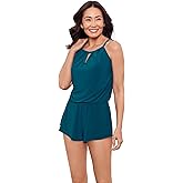 Aqua Green Womens Keyhole Blouson Slimming Swim Romper with Pocket