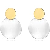 YUJIE Two-Tone Geometric Earrings for Women - Brushed Silver & Polished Gold Round Disc Earrings Plated Minimalist Modern Jewelry