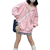 OATSBAS Kawaii Zip Up Hoodie Women Cute Cartoon Embroidery Oversized Pullover Sweatshirt Harajuku Kawaii Hooded Top