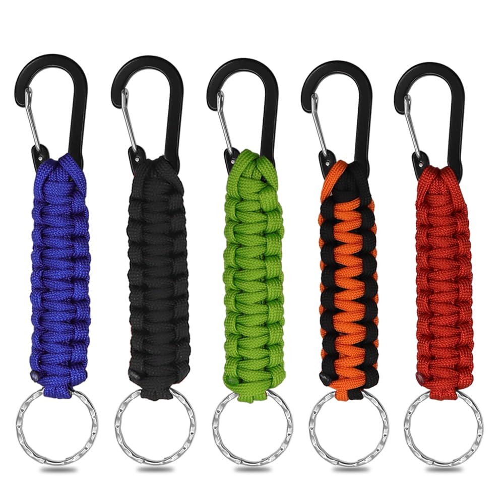YDHfdc Paracord Keychains 5 Pcs Paracord Keyring with Carabiner Clips, with Chain Hooks Braided Lanyard Braided Kit for Camping, Hiking Tools, Backpack, Keys (5 colors)