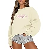 KEEVICI Pink Bow Preppy Sweatshirt Women Coquette Cute Graphic Embroidered Sweatshirts Aesthetic Pullover Long Sleeve Shirts