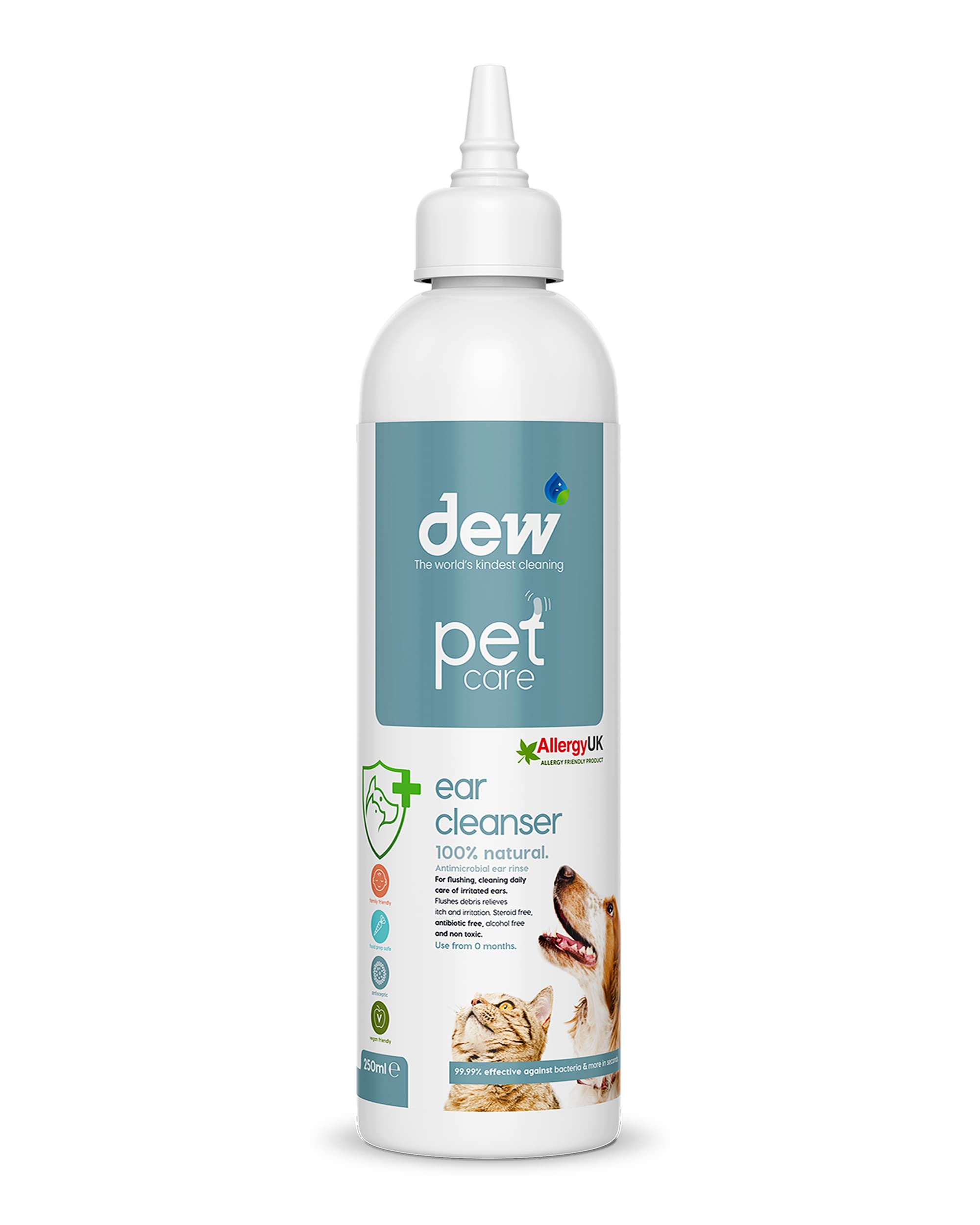 Dew Pet Ear Care 250ml: 100% Natural Dog Ear Cleaner Solution | Antibacterial Drops for Treatment of Dogs & Cat Ear Itching, Wax, Odour & Dirt | Fast Acting Aural Wash Prevents Infection