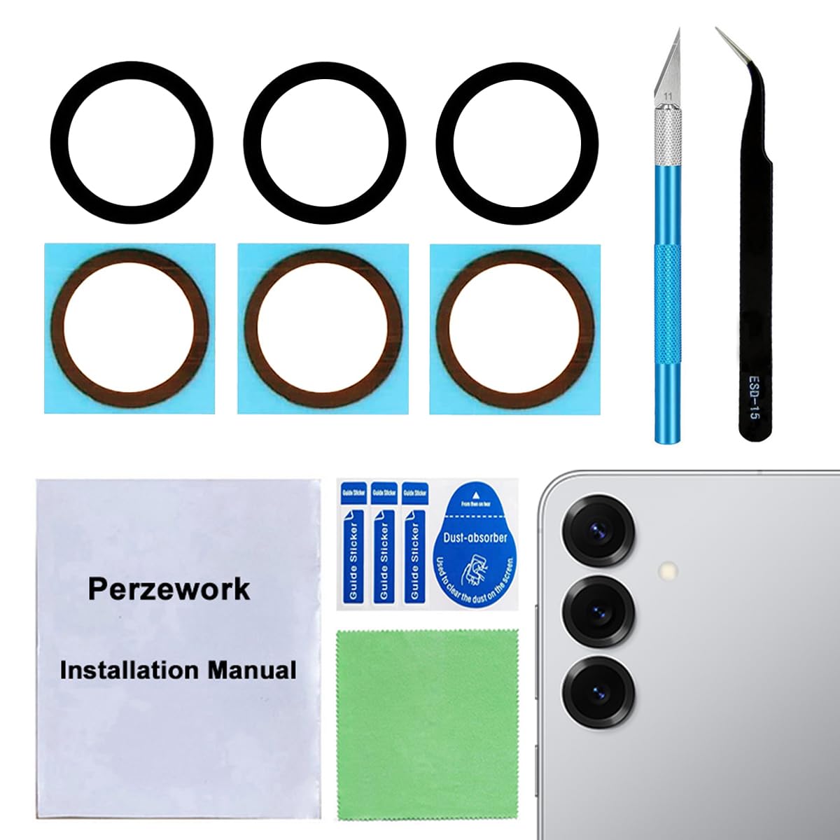 Perzework 2 Sets Rear Back Camera Lens Glass Replacement for Samsung Galaxy S25+ Plus 6.7-inches with pre-Installed Adhesive and Reparing Toolkit