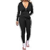 Hakubeby Women 2 Piece Outfits Casual Workout Sets Striped Bodycon Tracksuit Zip Up Long Sleeve Hoodle Jacket Jogger Pant Set