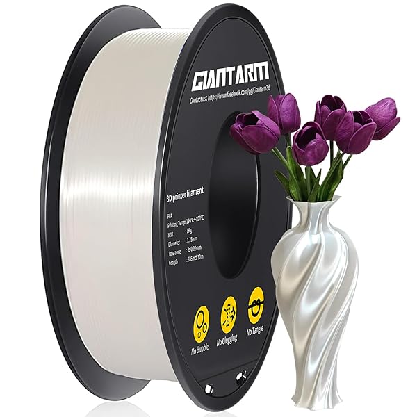 GIANTARM 3D PRINTER FILAMENT, SILK WHITE PLA FILAMENT, 1KG(2.2LBS) SPOOL, 1.75MM DIMENSION ACCURACY +/- 0.03MM, 3D PRINTING FILAMENT