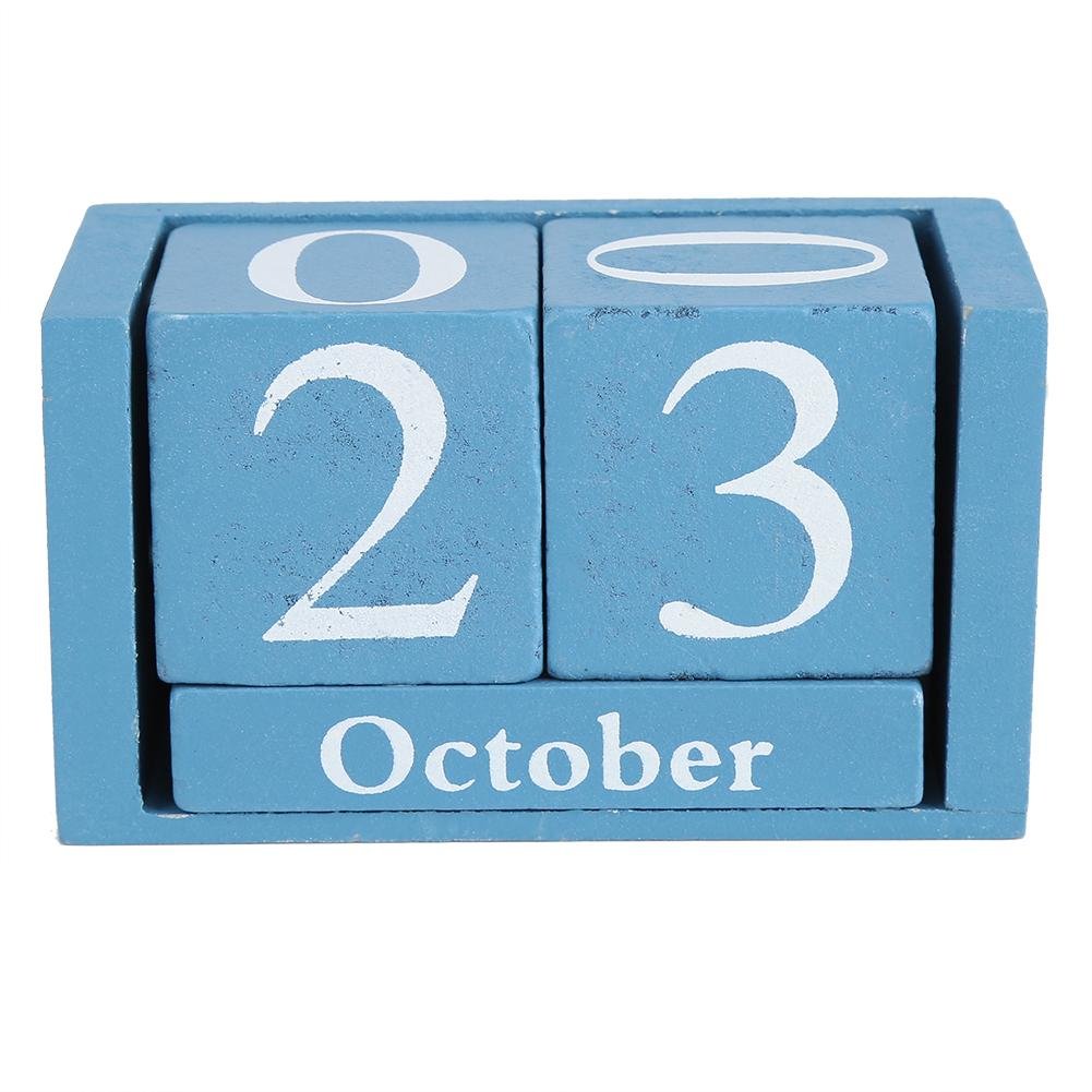 Wooden Desktop Calendar,Vintage Wood Perpetual Calendar,Wood Calendar DIY for Home/Desk Office Stationery Decoration(Blue)