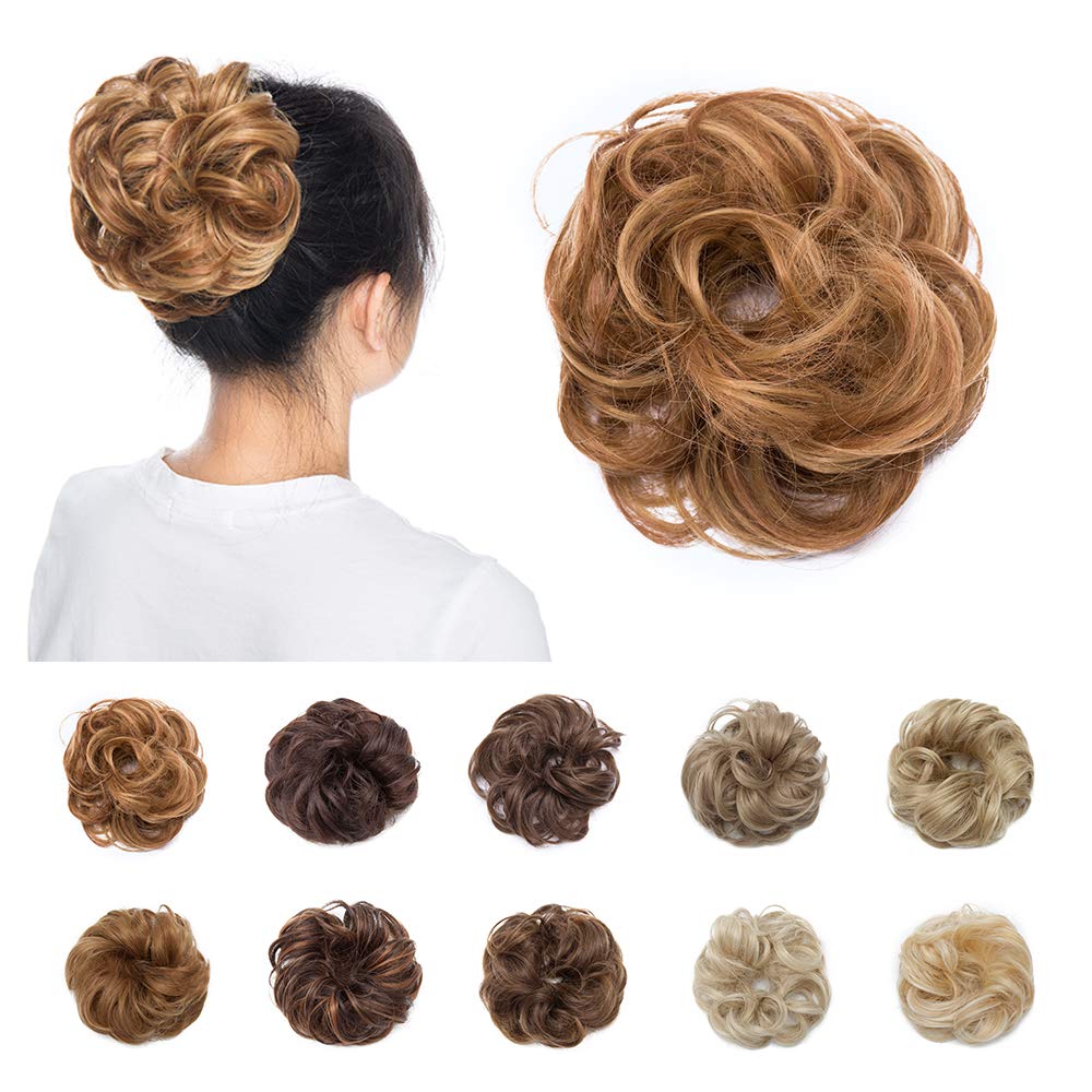 Silk-co Messy Hair Scrunchies for Women Scrunchy Scrunchie Bun Up Do Hair Piece Hair Ribbon Ponytail Extensions Wavy [Auburn & Dark Blonde]