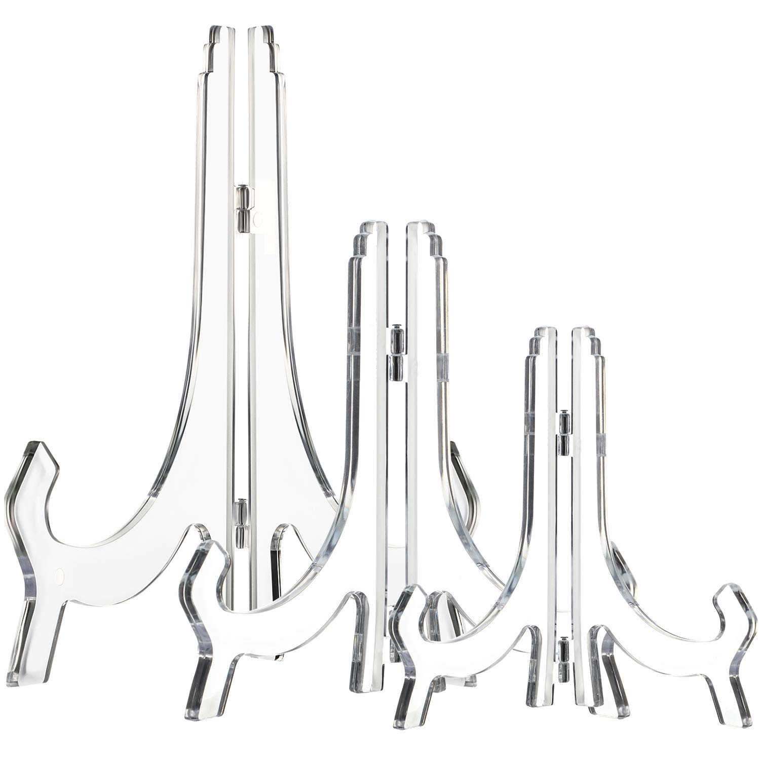 Hestya 3 Pieces 4.5/7/9.8 Inch Clear Acrylic Easels Display Stands Plate Stands Holders to Display Pictures or Other Items for Weddings, Birthdays, Home Decoration, Tables