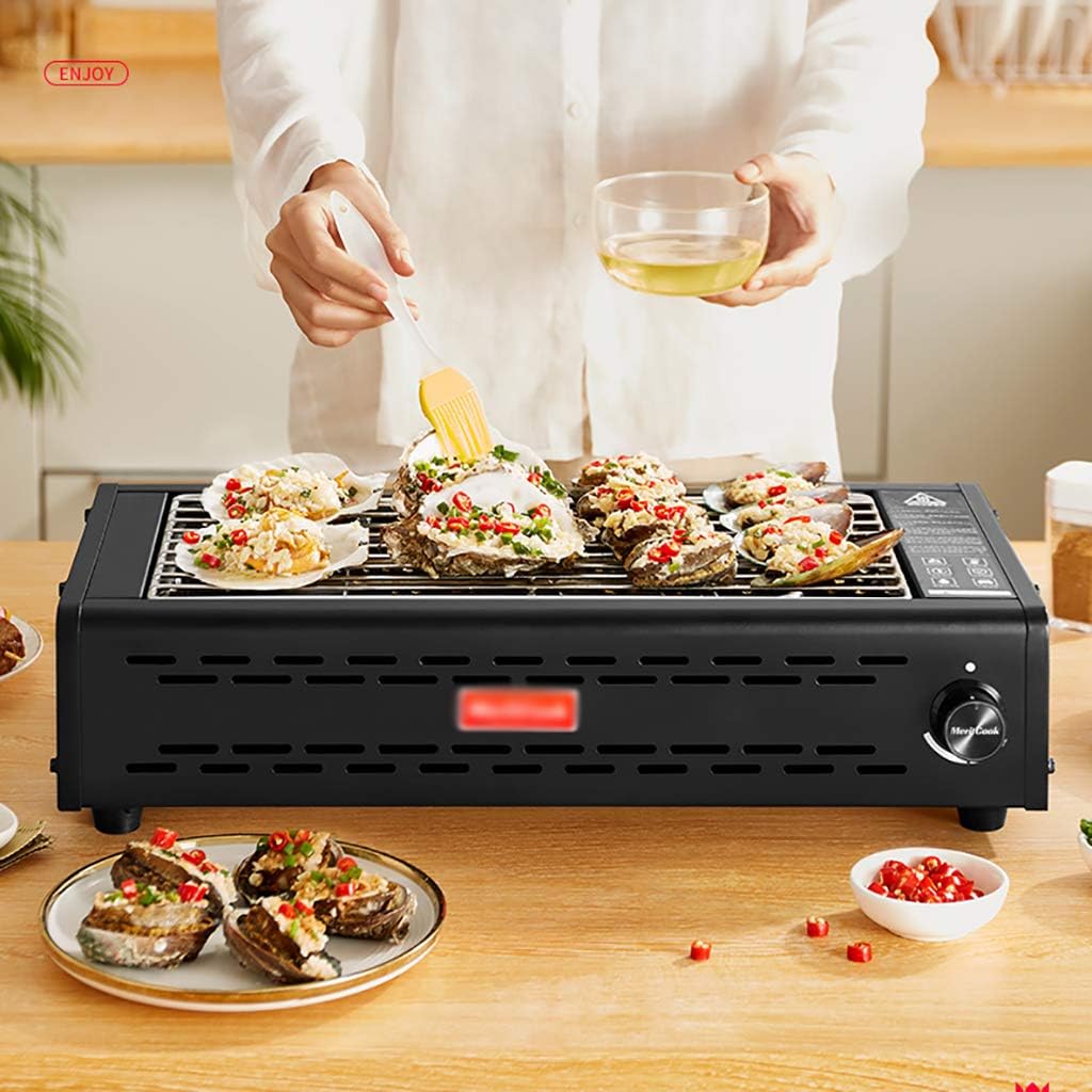 review Indoor Electric Smokeless Grill, Adjustable Temperature Knob for BBQ, Stainless Steel, Black