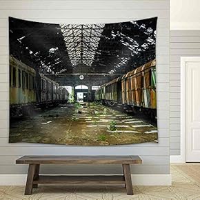 Cargo Trains in Old Train Depot Left to Be Eaten by The Rust - Fabric Wall Tapestry Home Decor - 51x60 inches