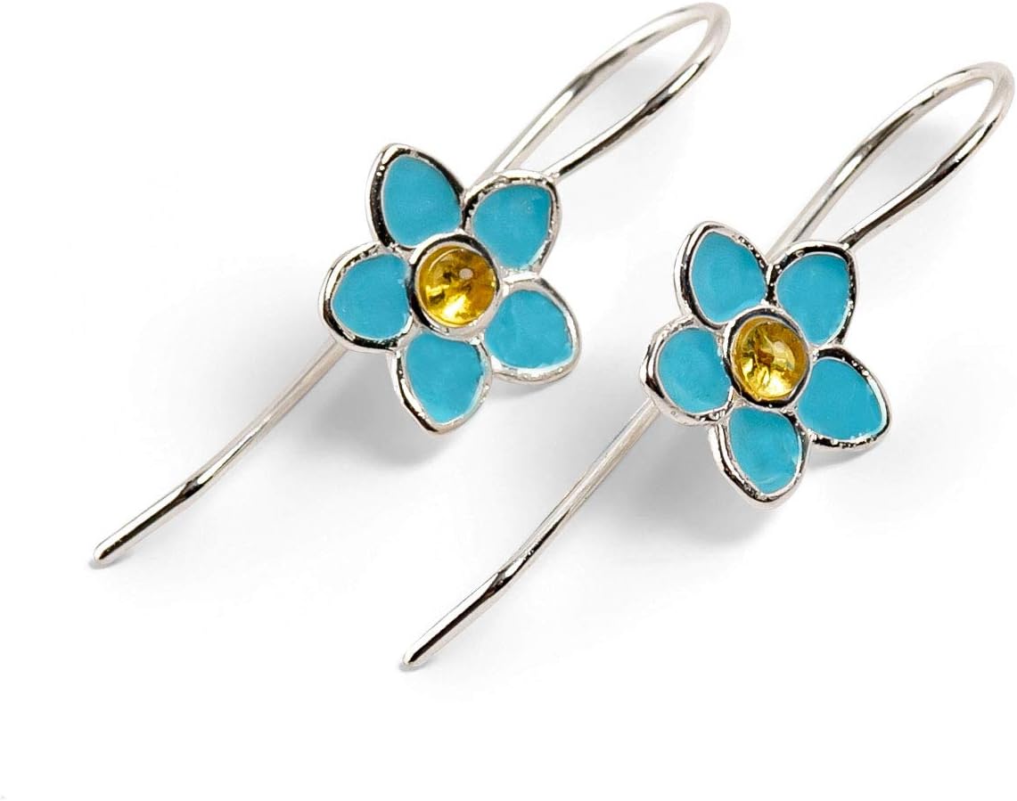 Forget Me Not Flower Hook Earrings in Sterling Silver with Amber Centre, Enamel Hand-Painted, Dementia Gifts