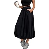 TuoGo Women's Black Bubble Skirt Elastic Waist Casual Party Y2K Puffy Hem A-line Long Skirts with Pockets