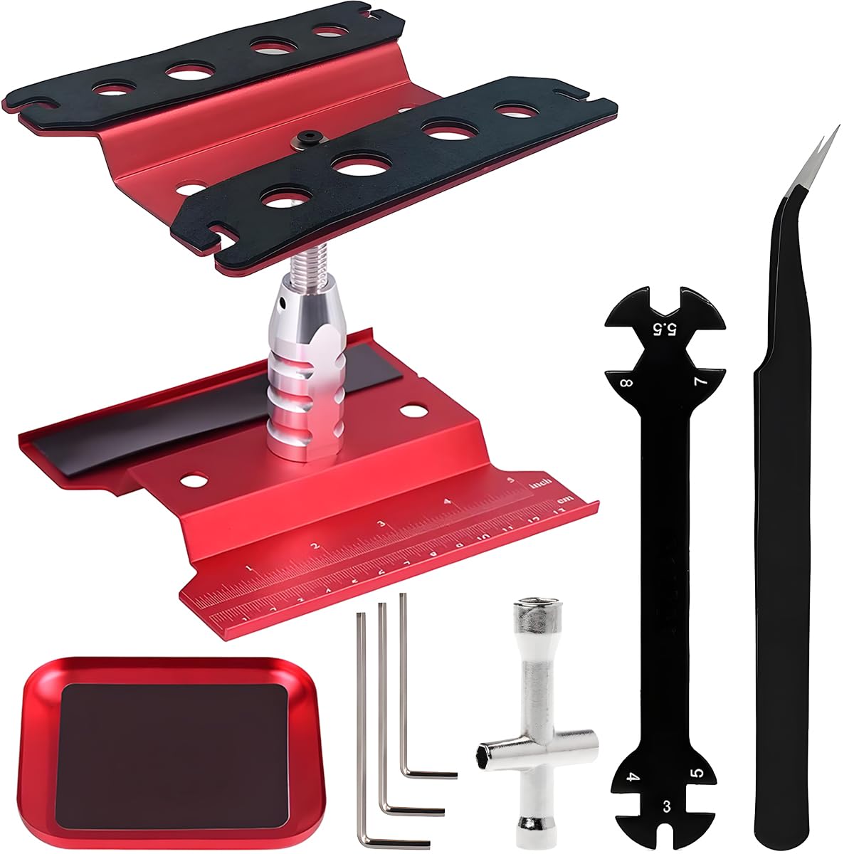 ZHUROUPU RC Car Work Stand Aluminum Alloy 360 Degree Rotation Lift/Lower Repair Workstation with Screw Tray for 1/8 1/10 1/12 1/16 for Traxxas for Axial for TRX4 RC Crawler/Monster Truck/Buggy (Red)