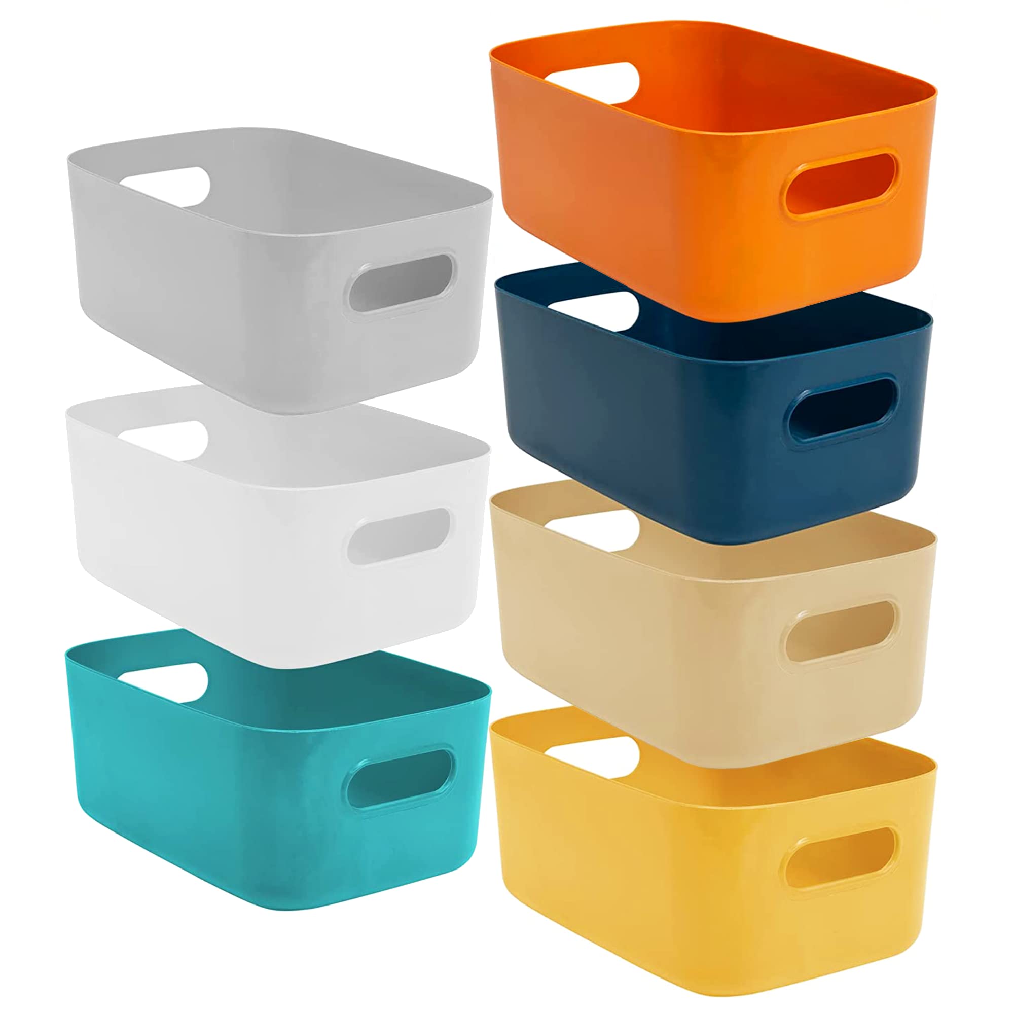 SA Products 7 Pack Plastic Storage Boxes | Colourful Storage Baskets with Handles | Stackable Cupboard Organiser | Kitchen Cupboard Storage for Bathroom, Bedroom, Office, School and Home