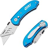 Utility Knife Folding Safety Lock Quick Change with 10 Extra SK5 Replacement Blade Lightweight Aluminum Handle &amp; Pocket Clip Multi-Use Box Cutter Office Home Art Diy Great Gift Choice (New.Blue)