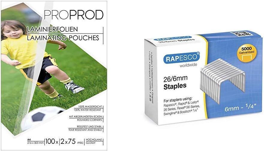 ProProd Premium A4 150 μ Glossy Laminating Pouch (Pack of 100) &Rapesco S11662Z3 Galvanised Staples 26/6 mm - Box of 5,000, Silver