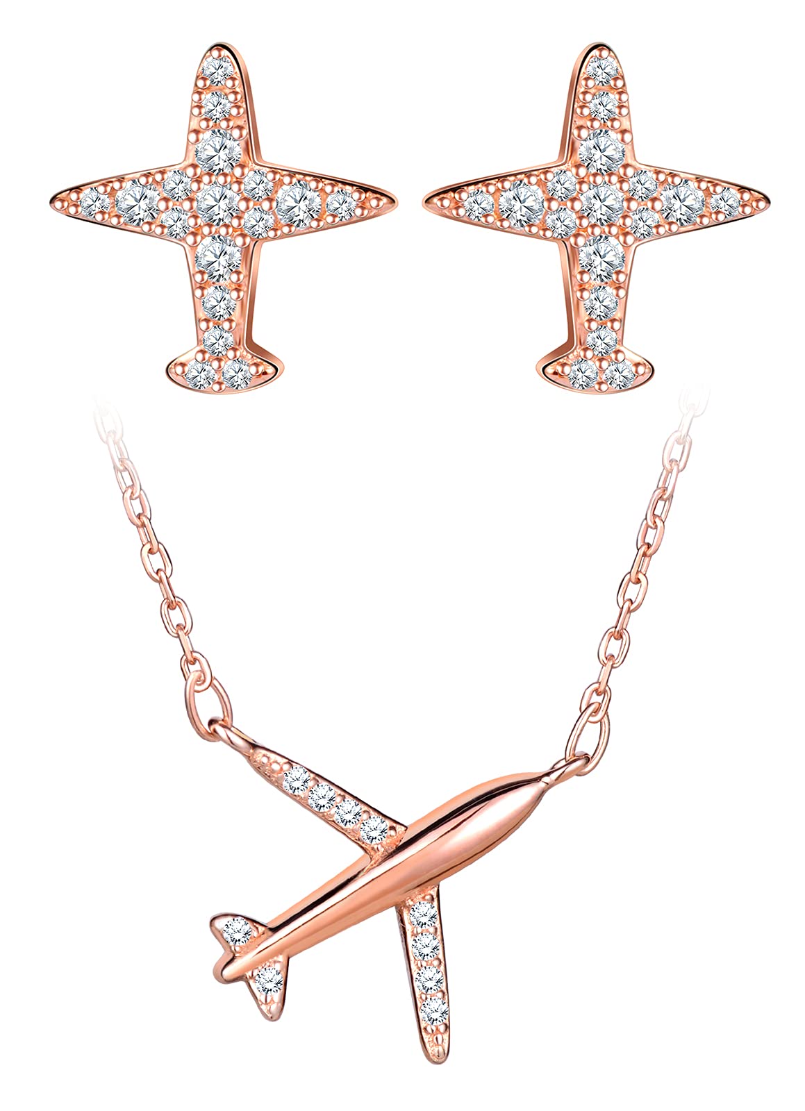 Yumilok Rose Gold Airplane Charm Necklace Stud Earrings Set 925 Sterling Silver Jewelry Set for Women Ladies