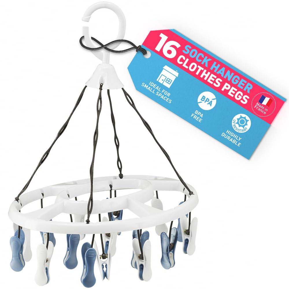culiclean Sock Hangers for Drying – Washing Line Sock Hanger with 16 Pegs – Sock Dryer with Pegs for Laundry and Underwear – 1 Hanger – white-blue-white-white-blue