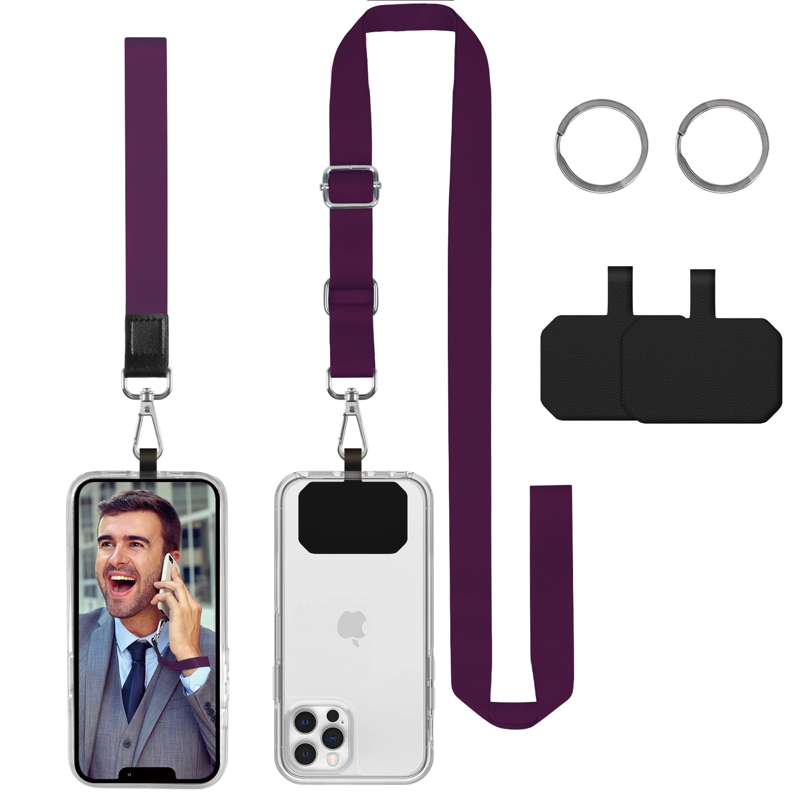 DGHYDZ Cell Phone Lanyard, Universal Crossbody Lanyards Adjustable Shoulder Neck Strap with wrist lanyard, 2 Key Rings, 2 Phone Tether Pads Compatible Most Smartphones (Purple)