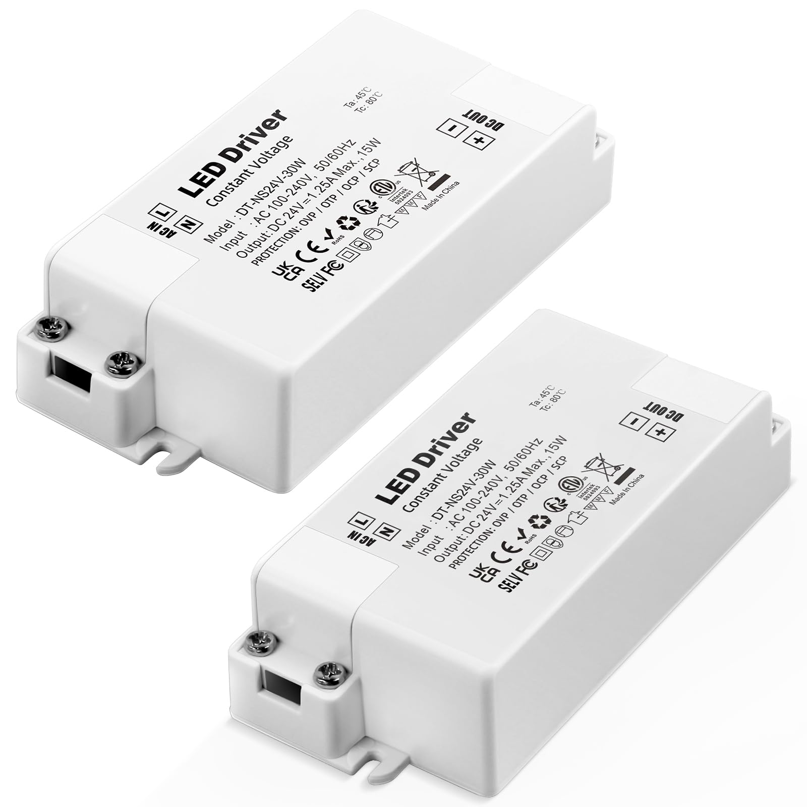 REYLAX 2pcs LED Driver 24V 30W 1.25A, 240 to 24 Volt Transformer, Constant Voltage Power Supply, Low Voltage DC Transformers for DIY Light Strips, G4, MR11, MR16 Bulbs