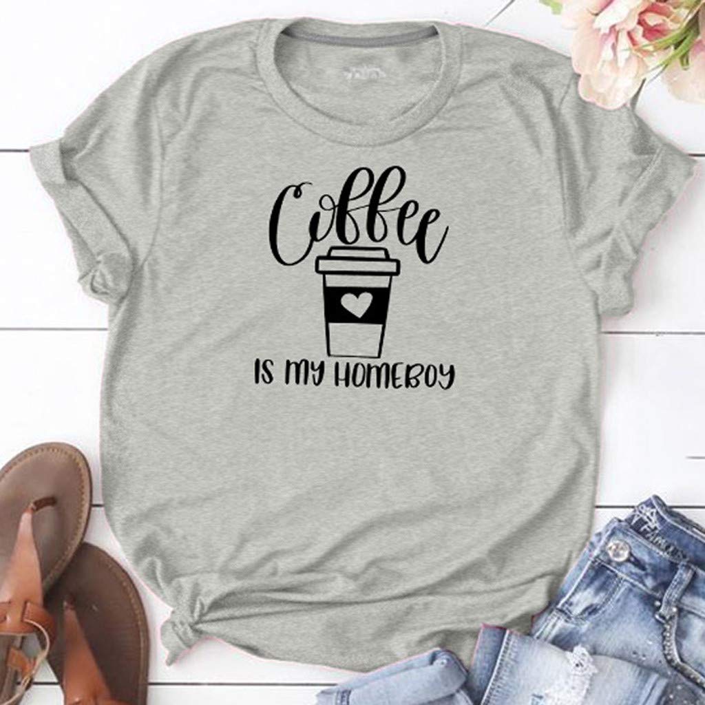 FakMe Fashion Women\'s Short Sleeve T-Shirt Casual Letter Printed Blouse O-Neck Shirt Tops (S, Gray)