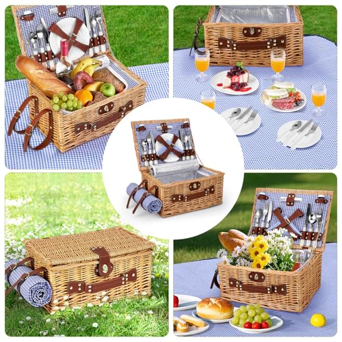 Wicker Picnic Basket for 4 People, Hand Braided Basket with Integrated Insulation and Waterproof Blanket - Complete Set with 4 Cutlery, Plates, Glasses for Camping Beach Garden