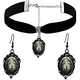 Gothic Necklace Earrings Set for Women,Vintage Black Velvet Witch/Crow/Bat Glass Pendant Necklace Punk Style Crystal Cameo Glass Jewelry Set Goth Victorian Costume Halloween Accessories