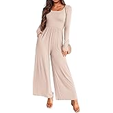 KIRUNDO Long Sleeve Jumpsuit for Women 2026 Spring Outfits Summer One Piece Square Neck Wide Leg Pants Romper With Pockets