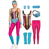 80s Workout Costume for Women Adult Aerobics Outfit Yoga Jumpsuit 90s Retro Accessories Set Leotard Legging Headband