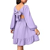 blibean Girls Long Sleeve Tie Back Dress Tween Fall Off Shoulder Dress Size 6-15 Years