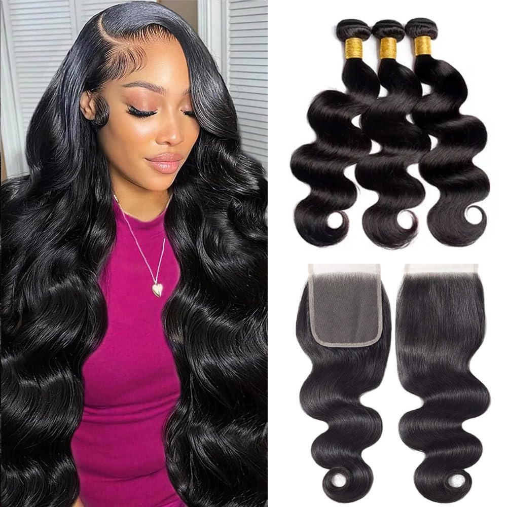 Yavida Body Wave Human Hair Bundles with Closure 100% Unprocessed Brazilian Virgin Human Hair Bundles with 4x4 Lace Closure Body Wave Bundles Human Hair Natural Black Color 22 24 26+20 Inch
