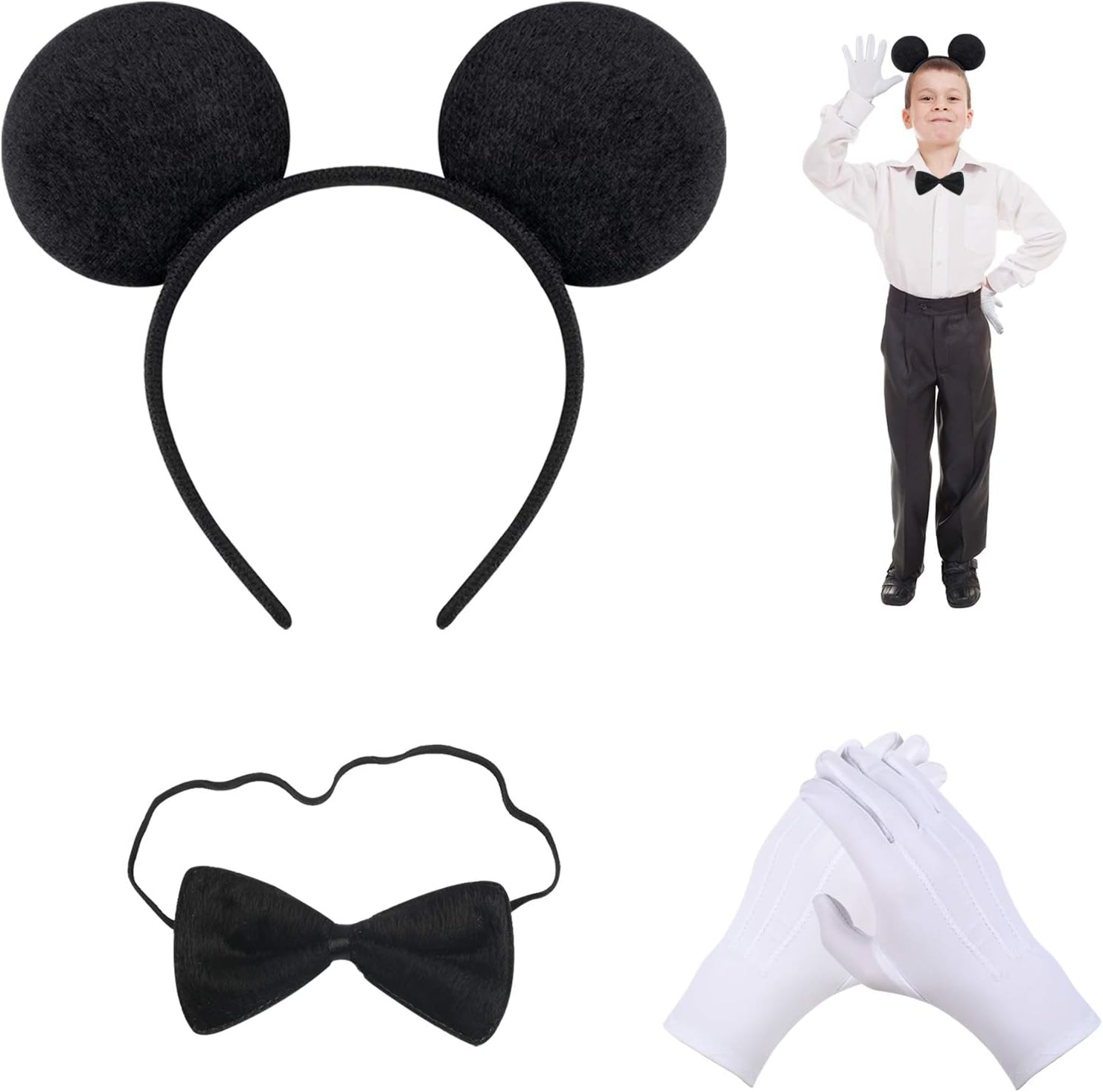 SEELOK Mouse Costume Accessory, Black Mouse Ear Headband Exquisite Hair Accessory with Bow Tie with White Gloves for Kids or Adults Masquerade Party Cosplay Costume Ball Decoration