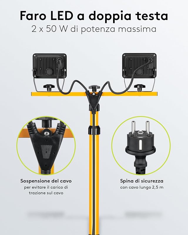 49984 Faretto LED da Cantiere telescopico, Doppia Testa, per Interni ed Esterni, treppiedi in Metallo, Luce Bianca Fredda, Giallo, 2x 50W