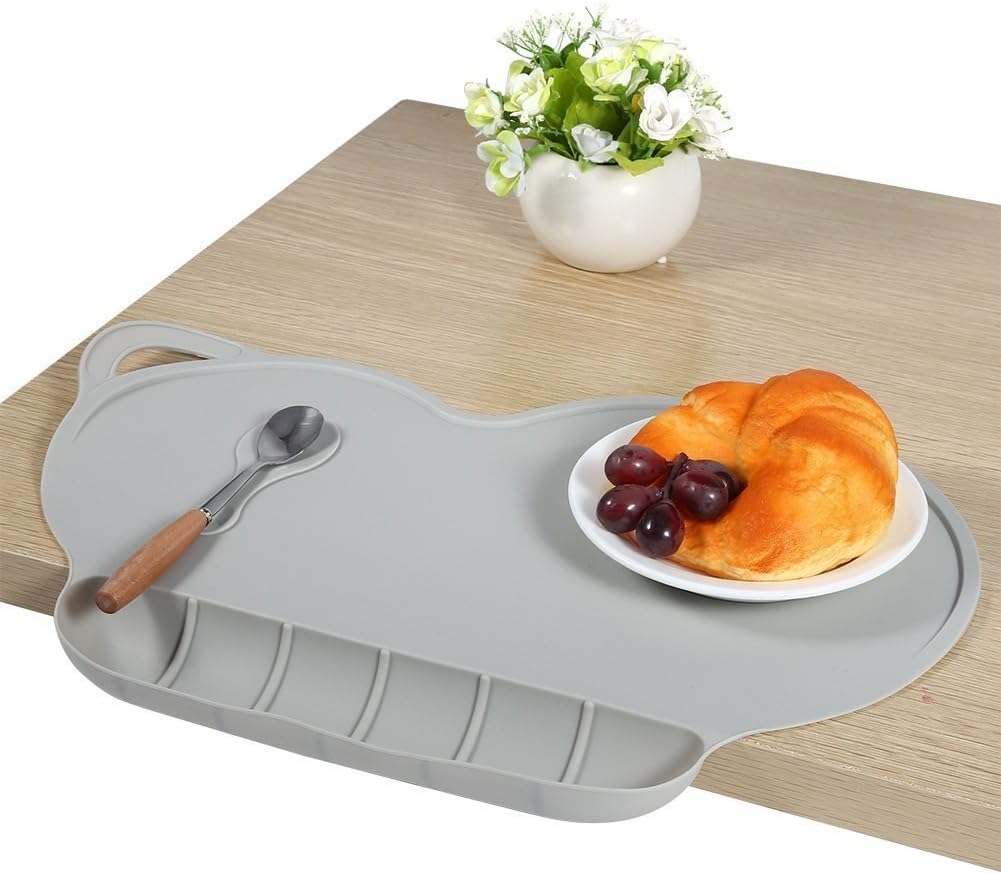 Childrens Placemats, KEERADS Silicone Suction Non-Slip Baby Eating Mat with Food Catcher Eholder Fits Highchair Table - Portable Collapsible Personalised Feeding Placemats for Kids (Grey)
