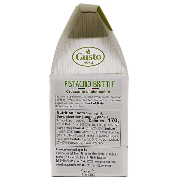 GUSTO ETNA PISTACHIO BRITTLE, SWEET PISTACHIOS BUTTER CHEWS WITH PISTACHIO CRUMBLES, BITE SIZE, INDIVIDUALLY WRAPPED, 6.7 OZ (190 G) BARK, NON GMO, PRODUCT OF ITALY